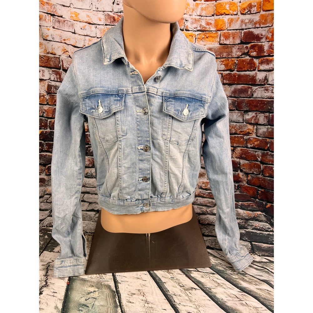 True Religion Womens Light Wash Denim Trucker Jacket Large World Tour Buddha